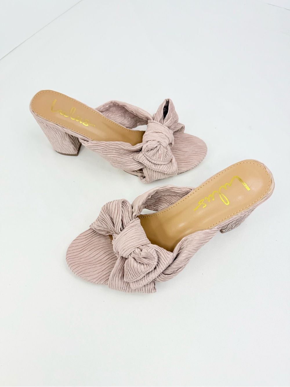 Lulus DORTHEA Blush Pink Crinkle Textile Bow Tie Open Toe Slide Heel Sandals